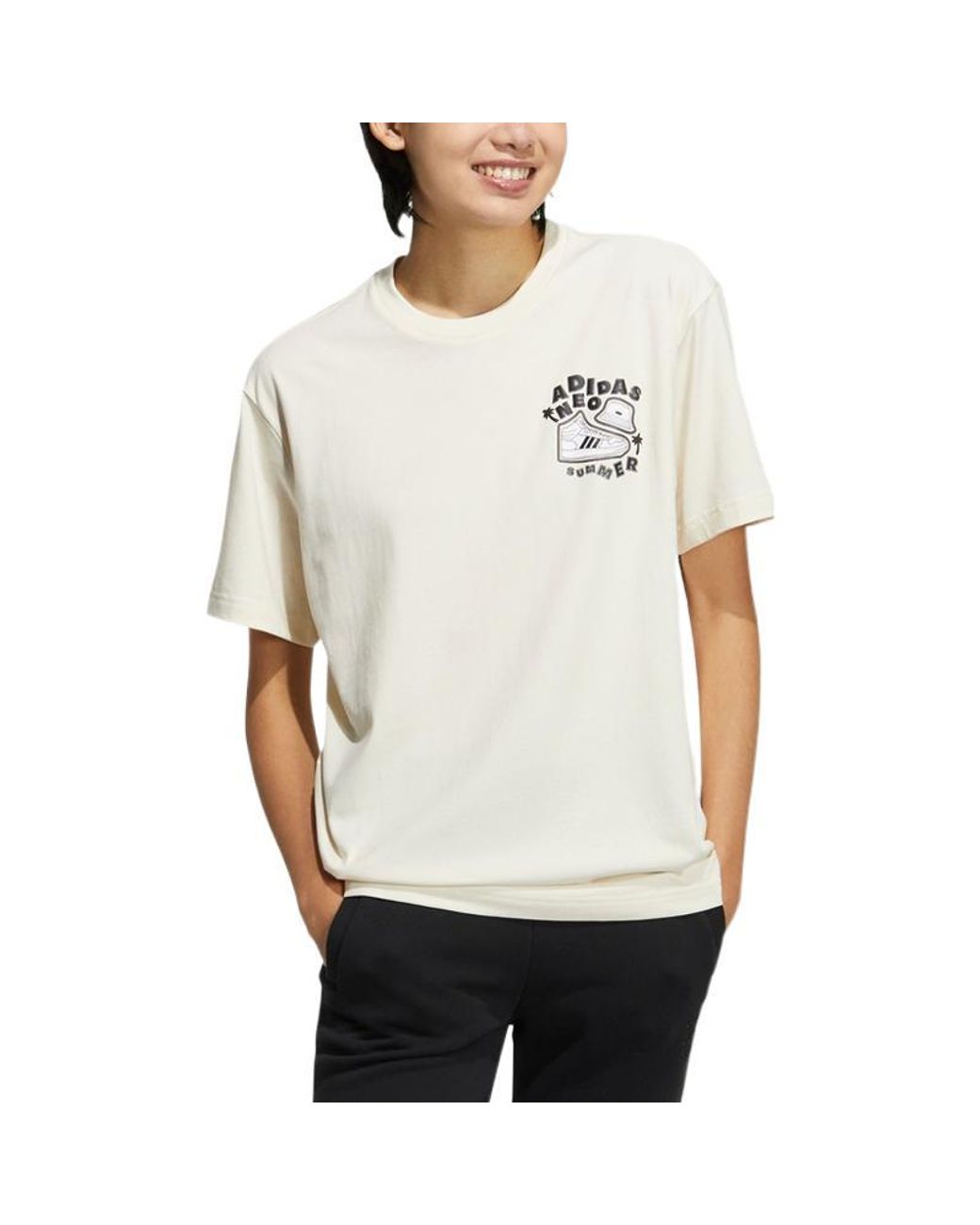 Adidas White Neo Ss22 Shoe Alphabet Printing Round Neck Short Sleeve Couple Style for men
