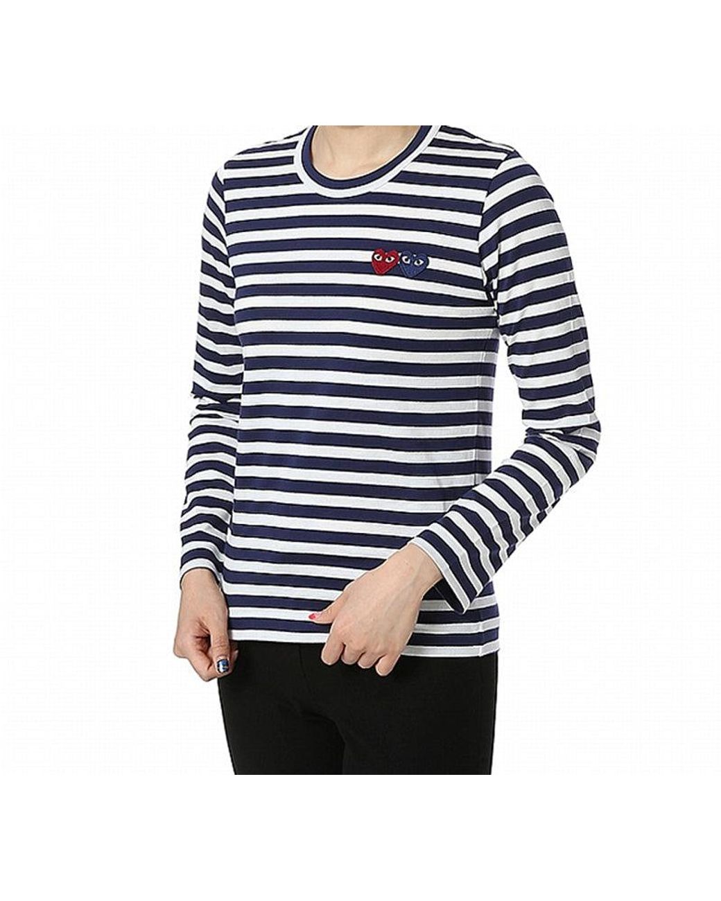 COMME DES GARÇONS PLAY Blue (Wmns) Striped Double Hearts Logo Long Sleeves Tee