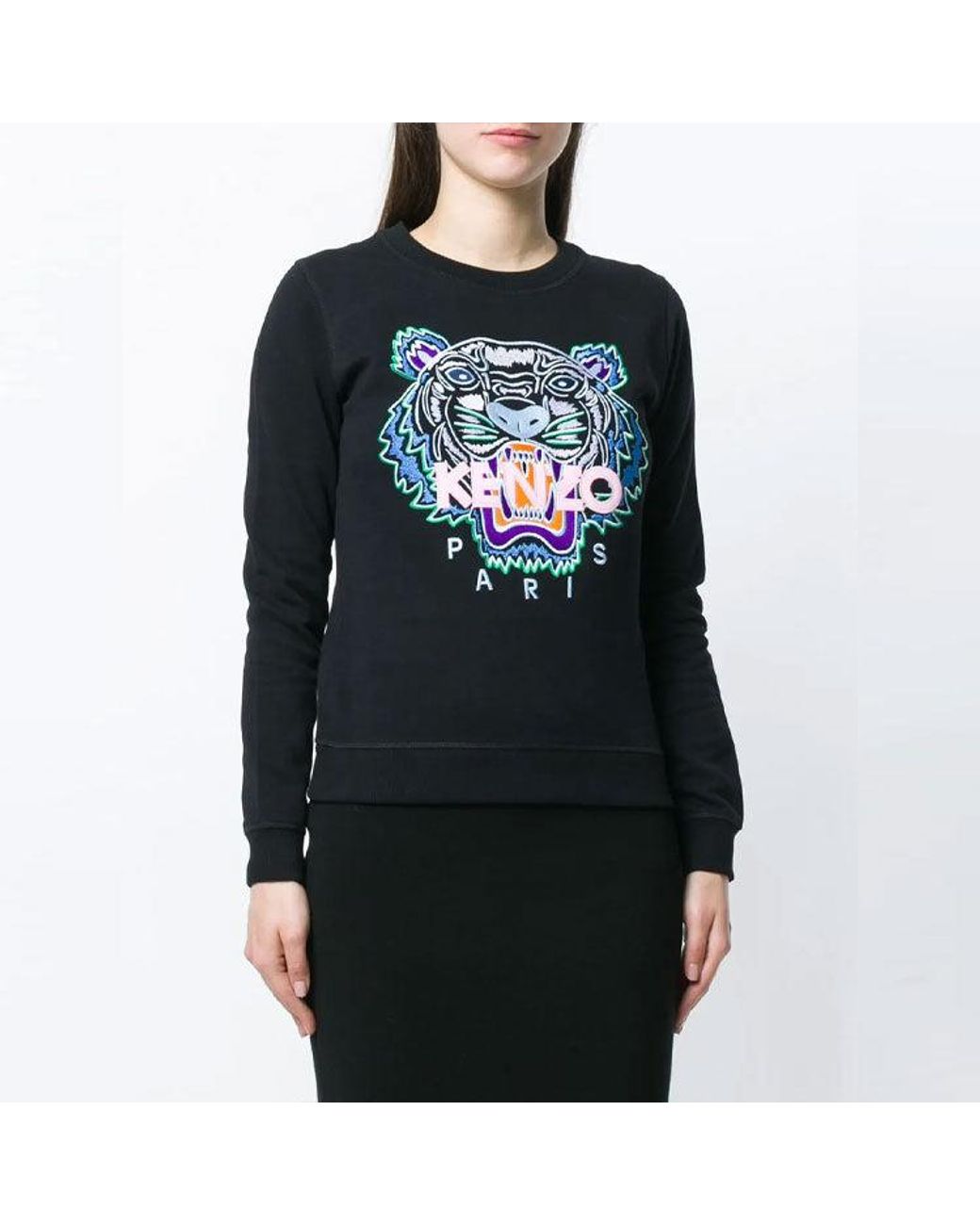 KENZO Gray (Wmns) Tiger Head Pattern Long Sleeves Round Neck Hoodie