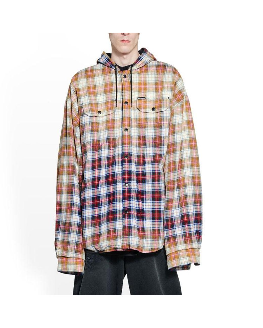 Balenciaga Brown Bleached Plaid Long Sleeve Hooded Shirt for men