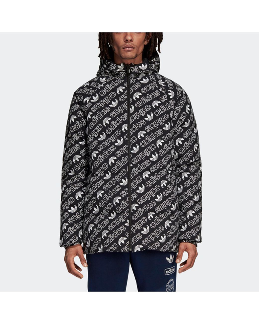 Adidas Gray Originals Monogram Jkt Full Print Logo Reversible Stay Warm Hooded Down Jacket for men