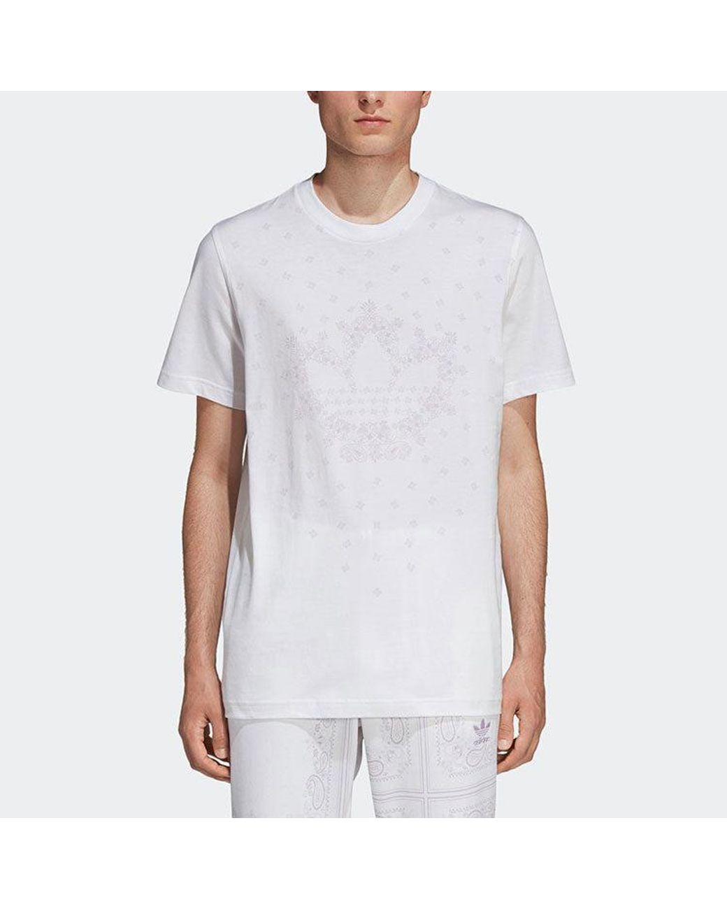 Adidas White Originals Bandana Trefoil Pattern Logo Printing Round Neck Short Sleeve T-Shirt for men