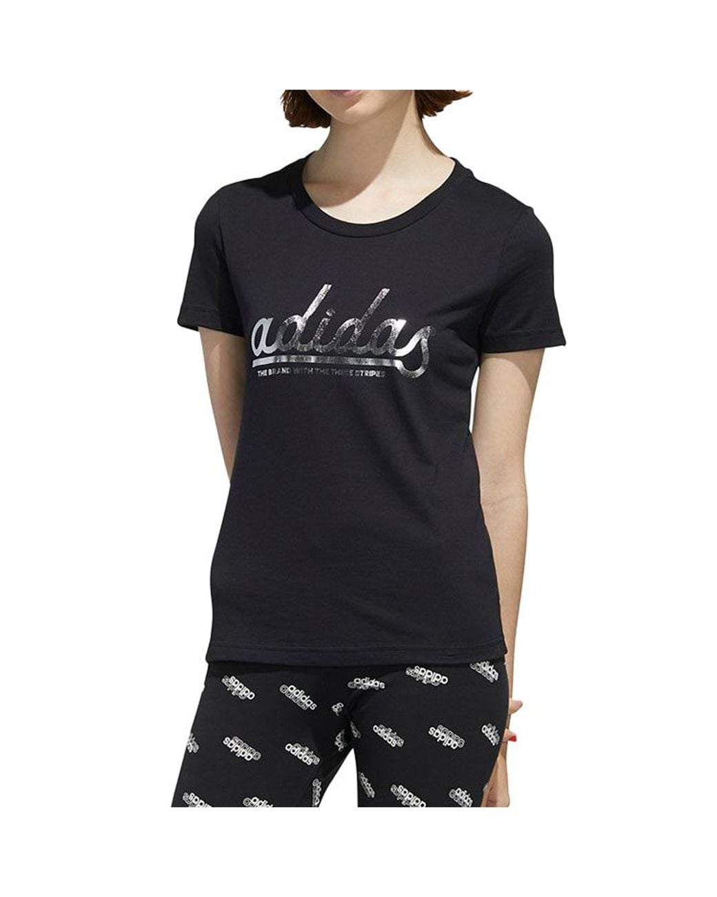 Adidas Black (Wmns) Alphabet Logo Printing Cotton Short Sleeve