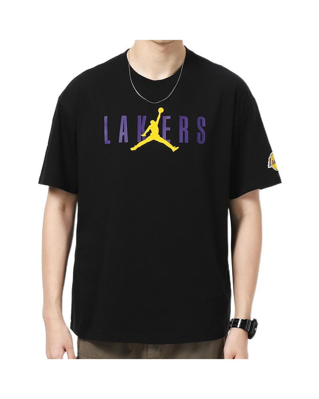 Nike Black Nba Los Angeles Lakers Alphabet Printing Basketball Sports Round Neck Short Sleeve for men