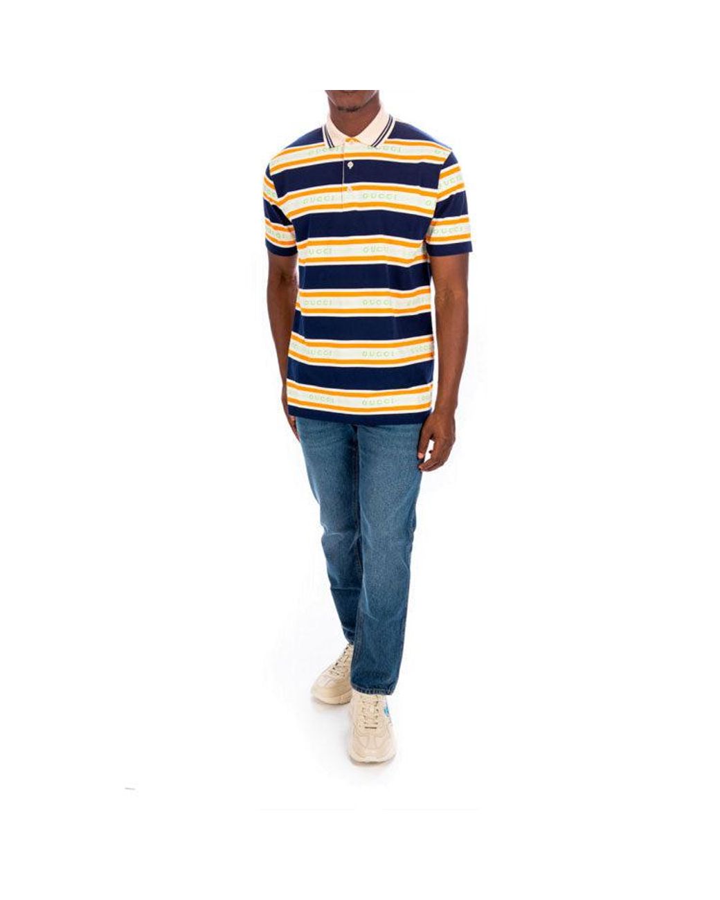 Gucci Blue Logo Collar Stripe Polo 'Ink Ivory' for men