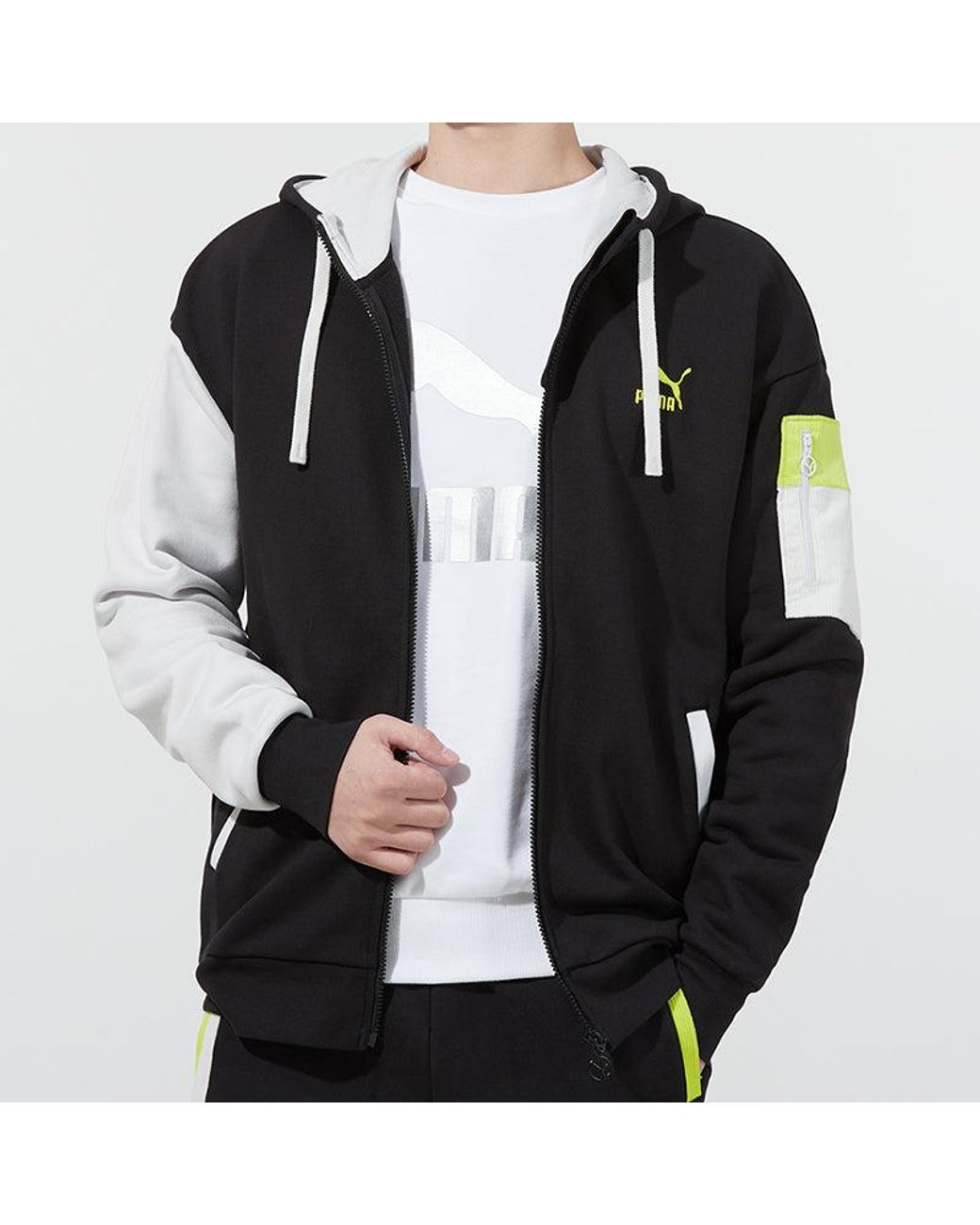 PUMA Black Retro Colorblock Knit Hooded Logo Jacket for men