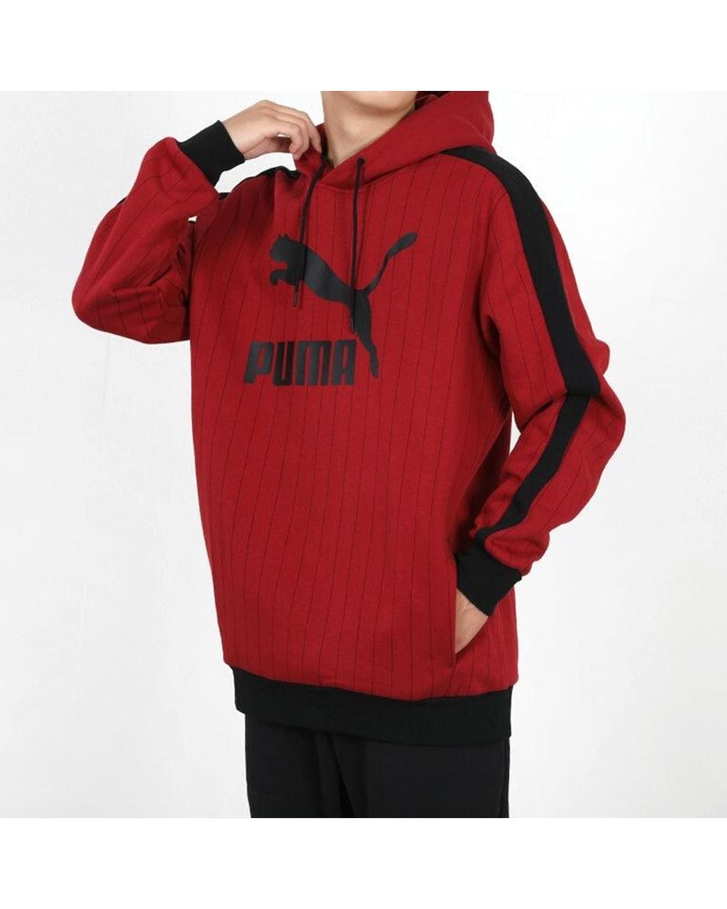 PUMA Red Pinstripe Aop Pullover Hoodie for men