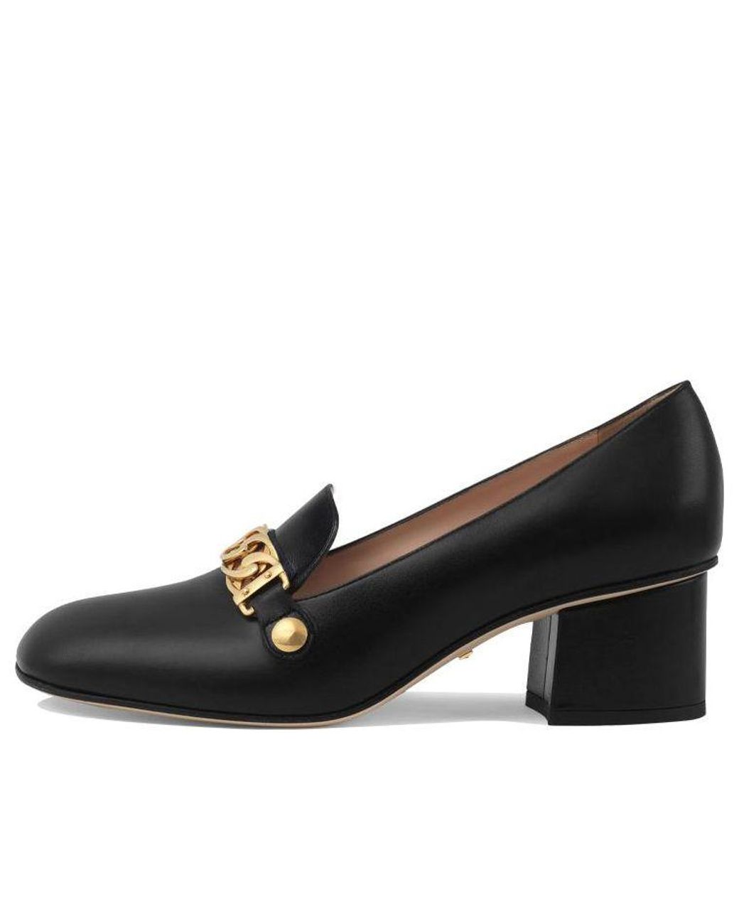 Gucci Black (Wmns) Sylvie Chain-Embellished Leather Mid-Heel Pumps