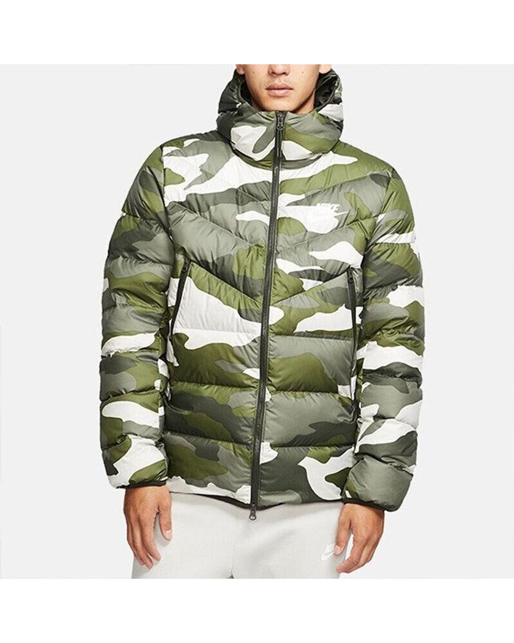 Nike Green Sportswear Down Windrunner Printing Hooded Down Jacket Camouflage for men