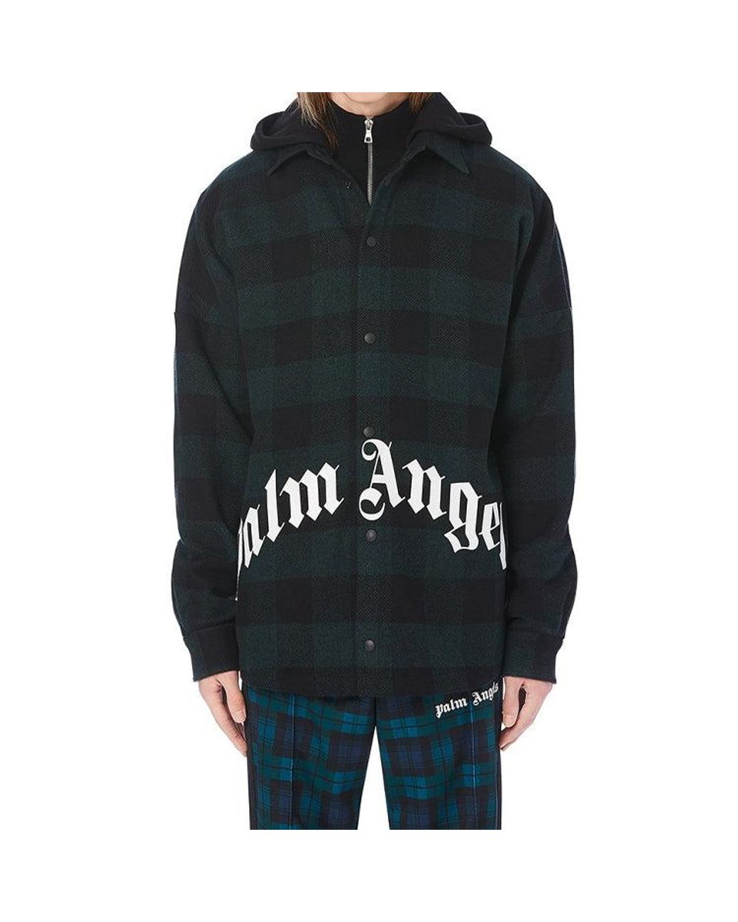 Palm Angels Blue Logo Print Hooded Overshirt for men