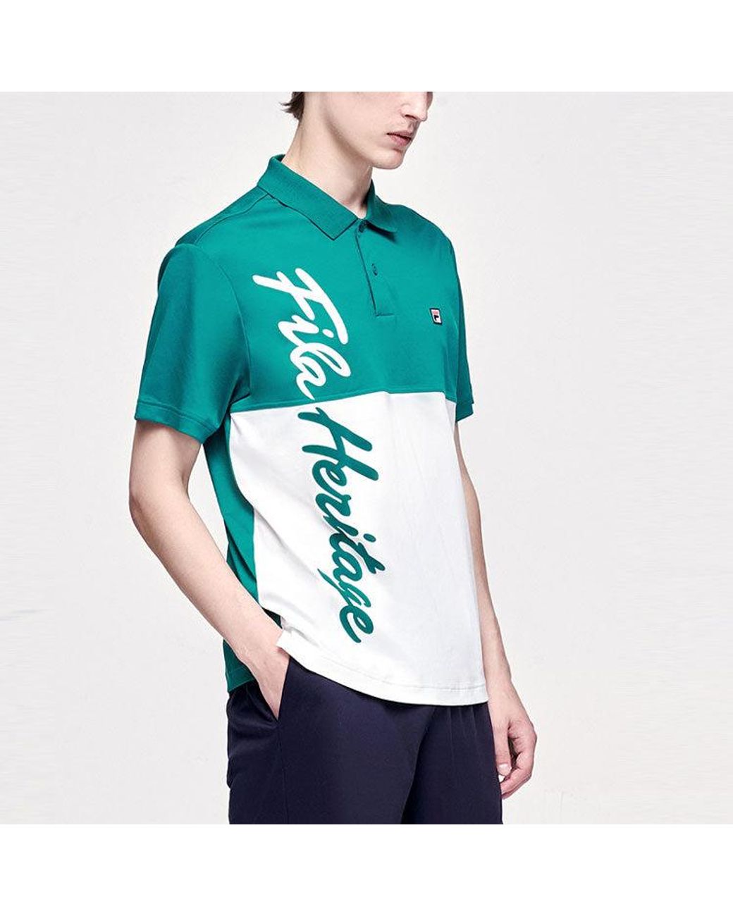 Fila Green Contrasting Colors Alphabet Printing Tennis Short Sleeve Polo Shirt for men