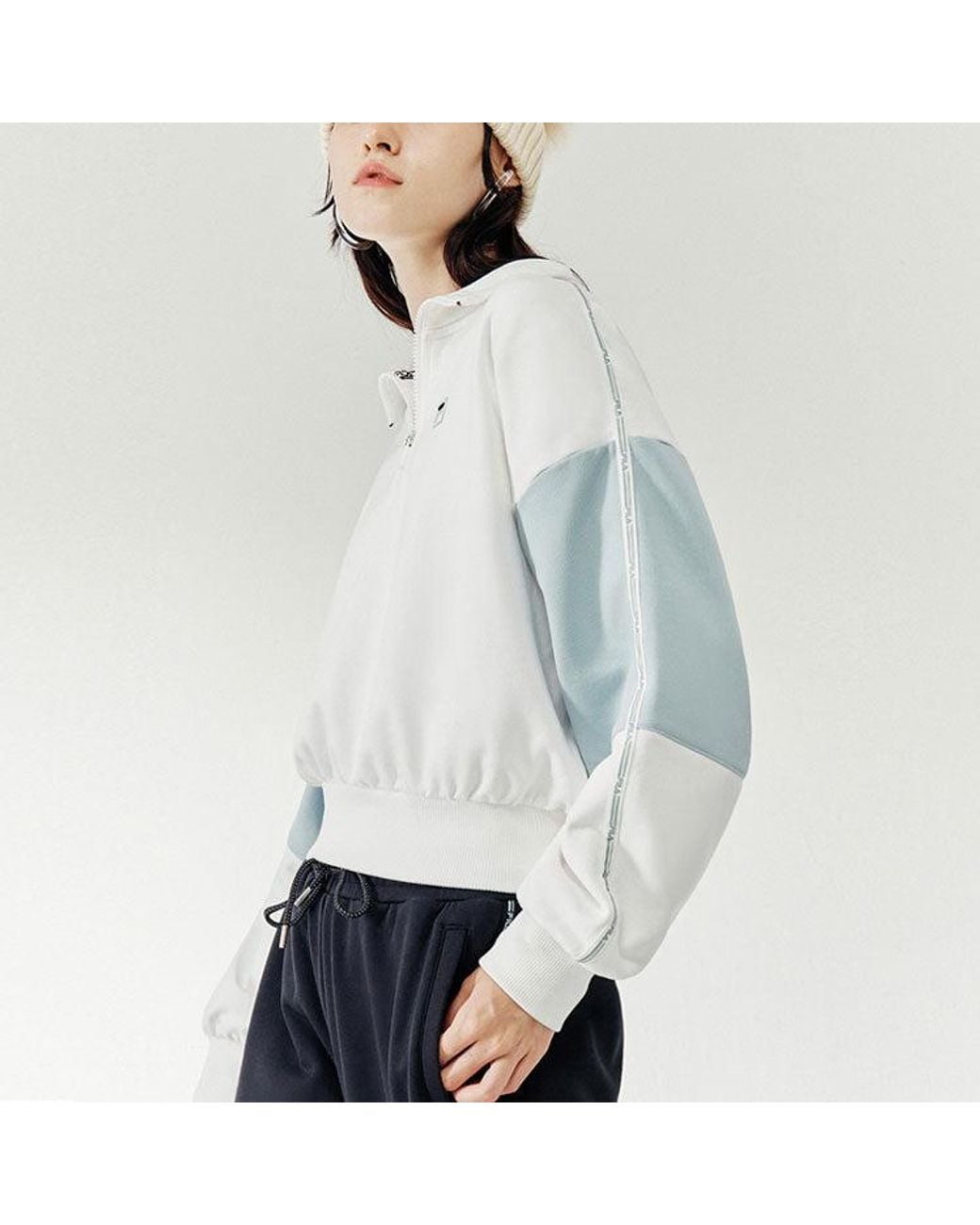 Fila Blue (Wmns) Sports Contrasting Colors Stand Collar Pullover Half Zipper Hoodie