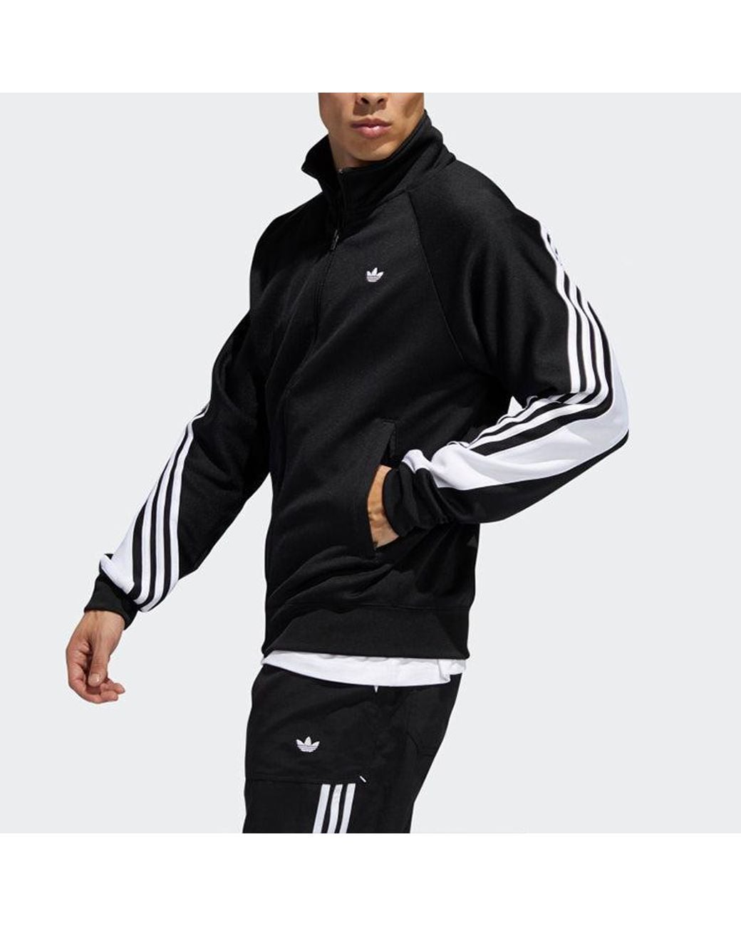 Adidas Black Originals 3Stripe Wrap Tt Embroidered Logo Stand Collar Sports Jacket for men