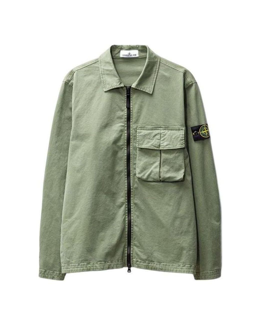 Stone Island Green Compass-Patch Zipped Shirt Jacket for men