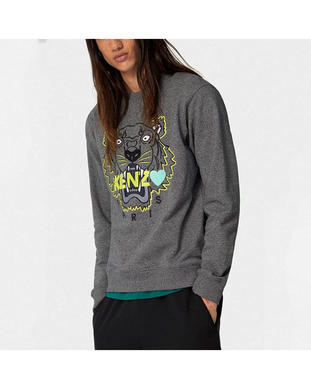 KENZO Gray Love Large Tiger Head Embroidered Sweatshirt 'Dark' for men