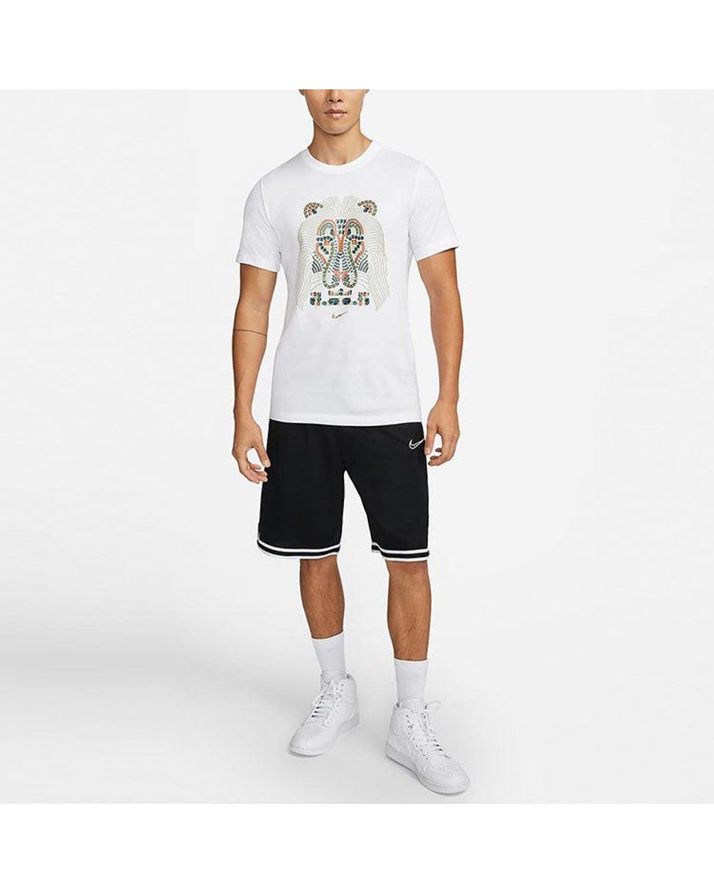 Nike White Lebron James Lion Pattern Round Neck Pullover Short Sleeve T-Shirt for men
