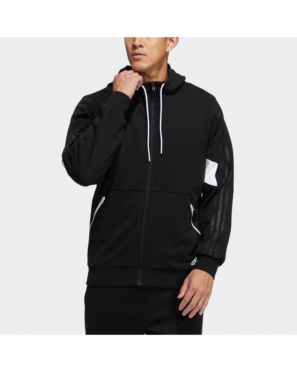 Adidas Black St Kn Block Jkt Sports Training Knit Hooded Logo Jacket for men