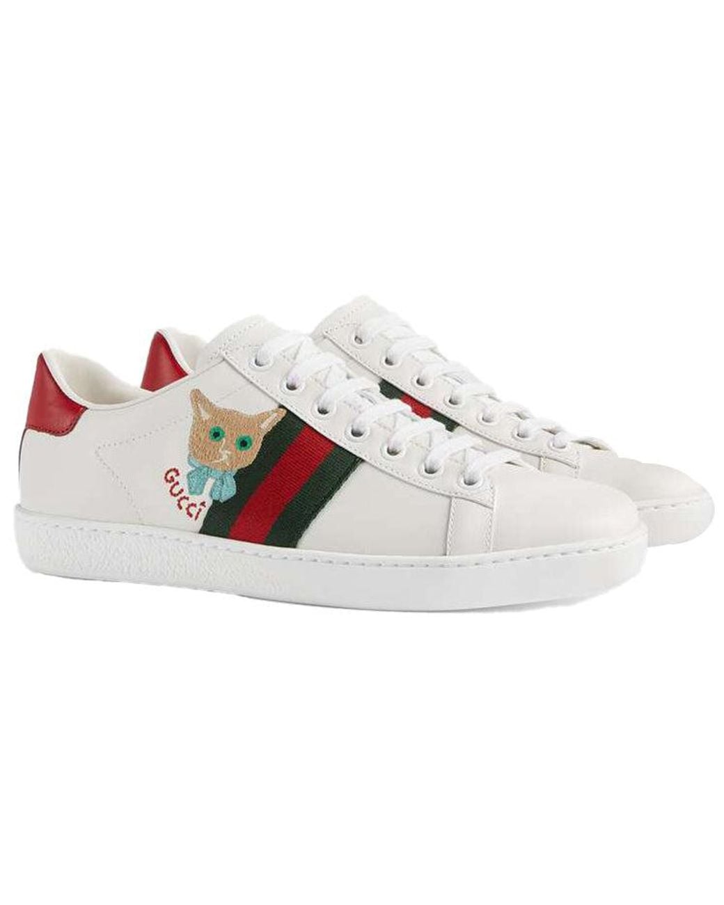 Gucci White Ace Cat Embroidered Sneakers