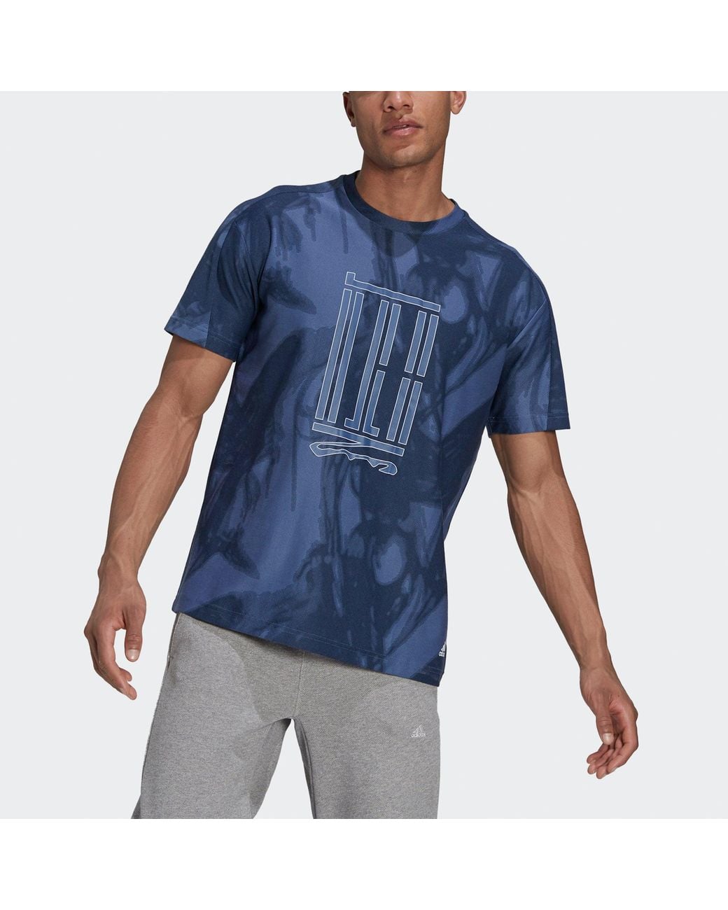 Adidas Blue Wj Top Series Sports Loose Printing Round Neck Short Sleeve for men