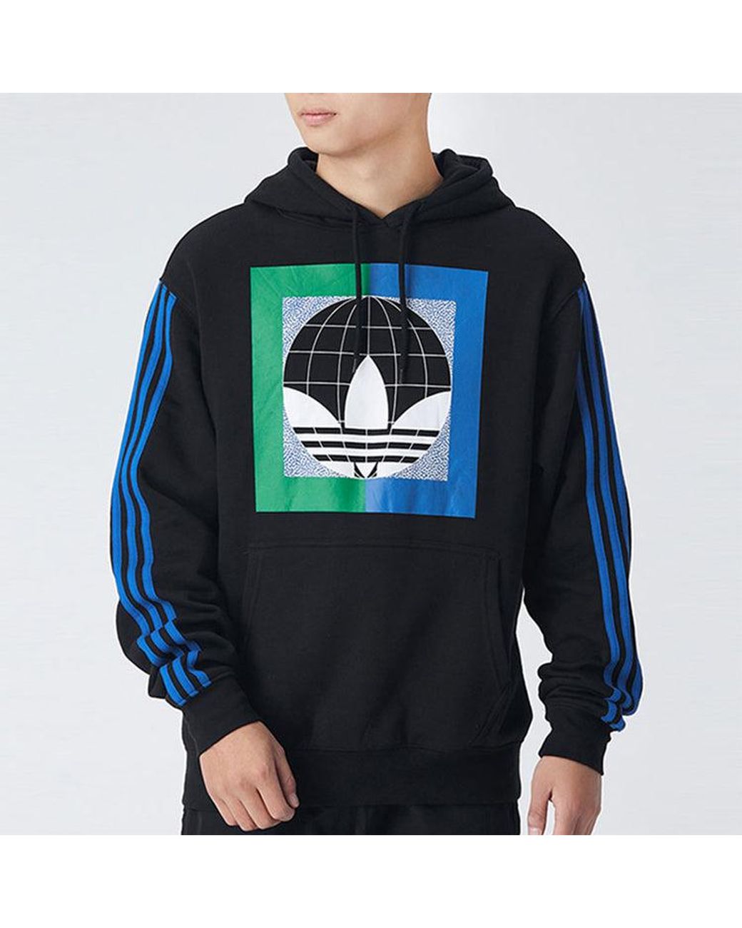 Adidas Blue Originals Colorblock Logo Printing Fleece Lined Hooded Pullover for men