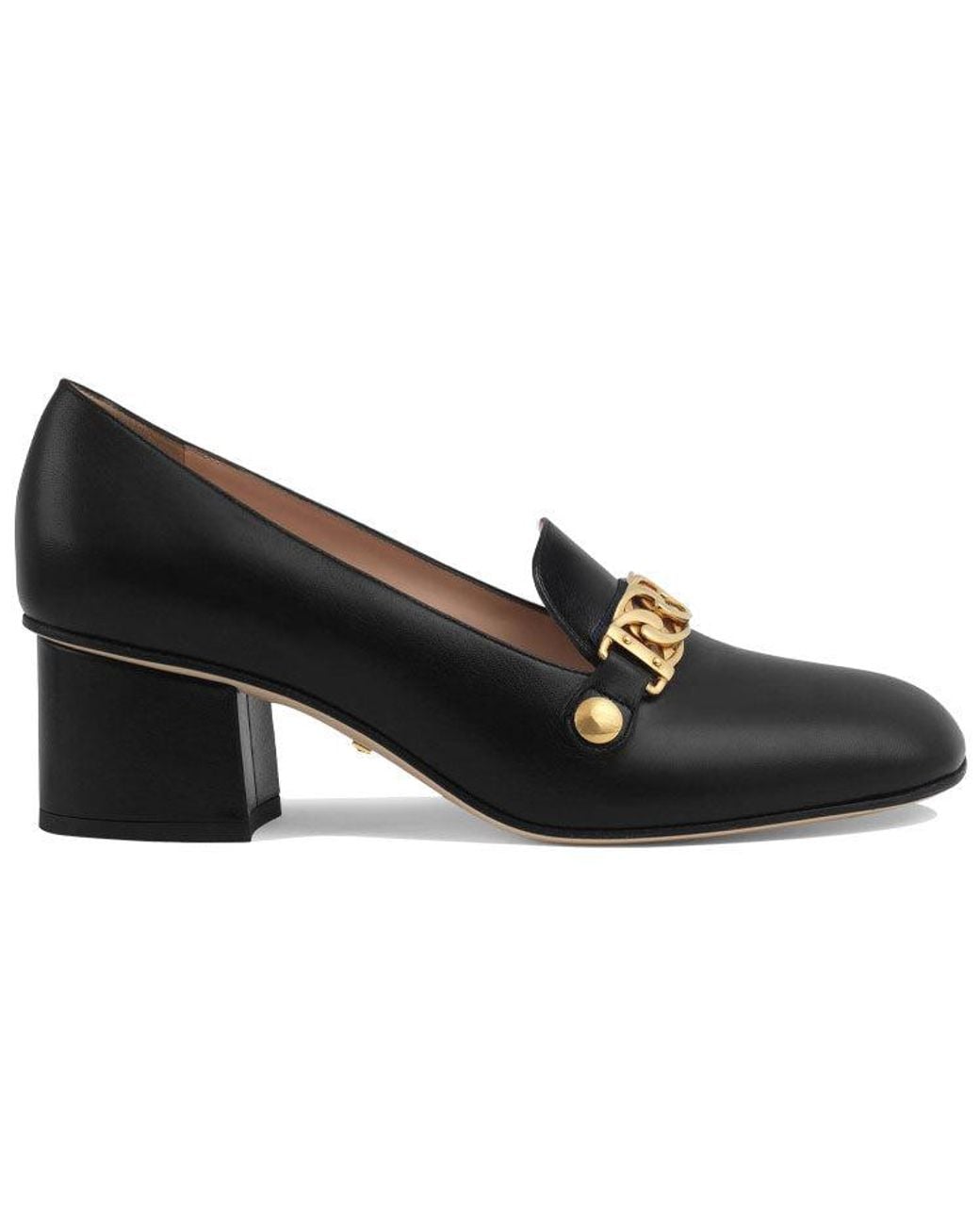 Gucci Black (Wmns) Sylvie Chain-Embellished Leather Mid-Heel Pumps