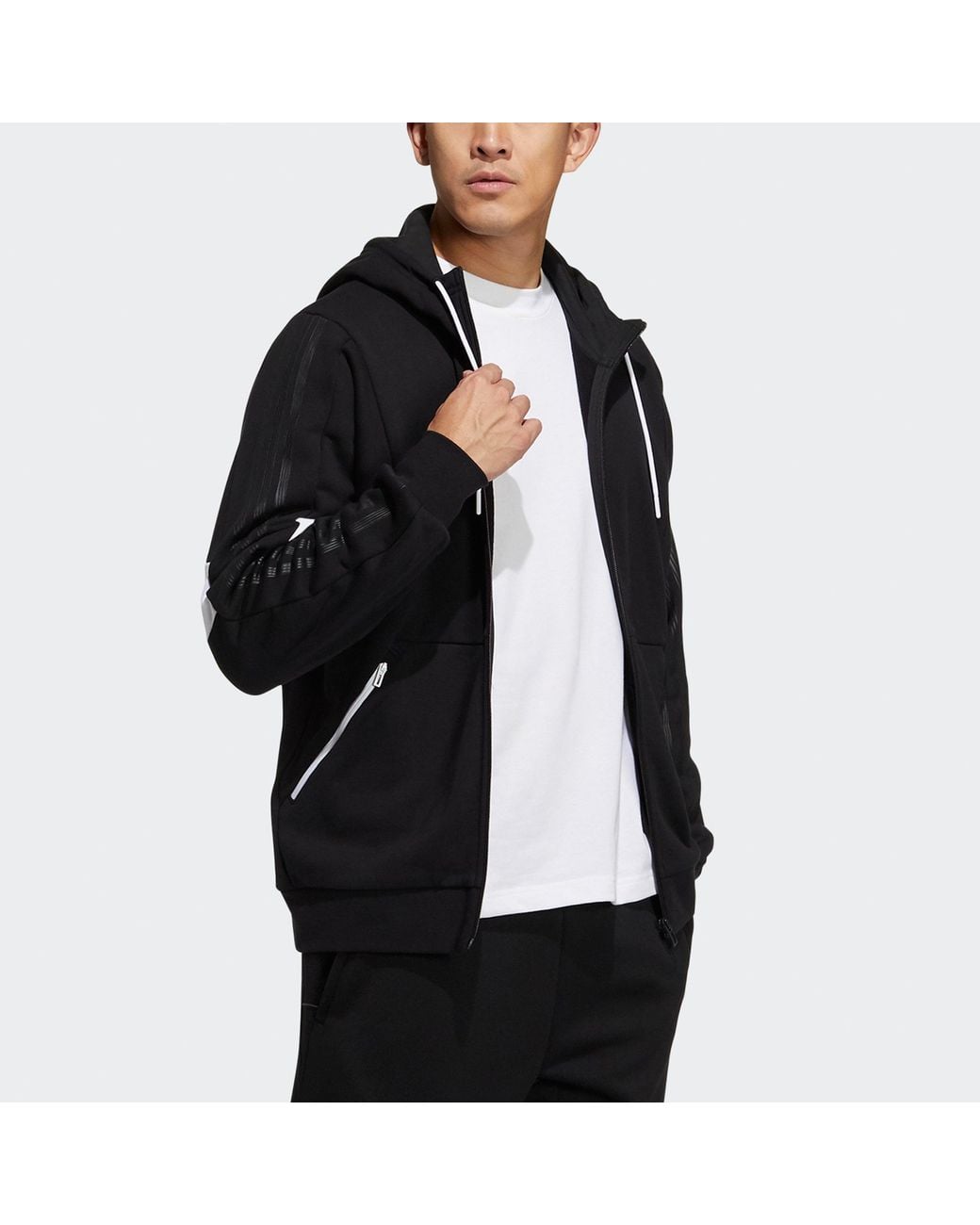 Adidas Black St Kn Block Jkt Sports Training Knit Hooded Logo Jacket for men