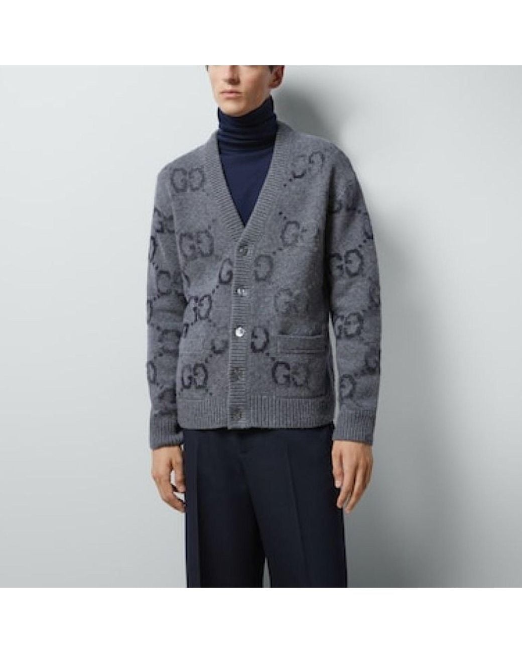 Gucci Gray Wool Cardigan With Gg Intarsia for men