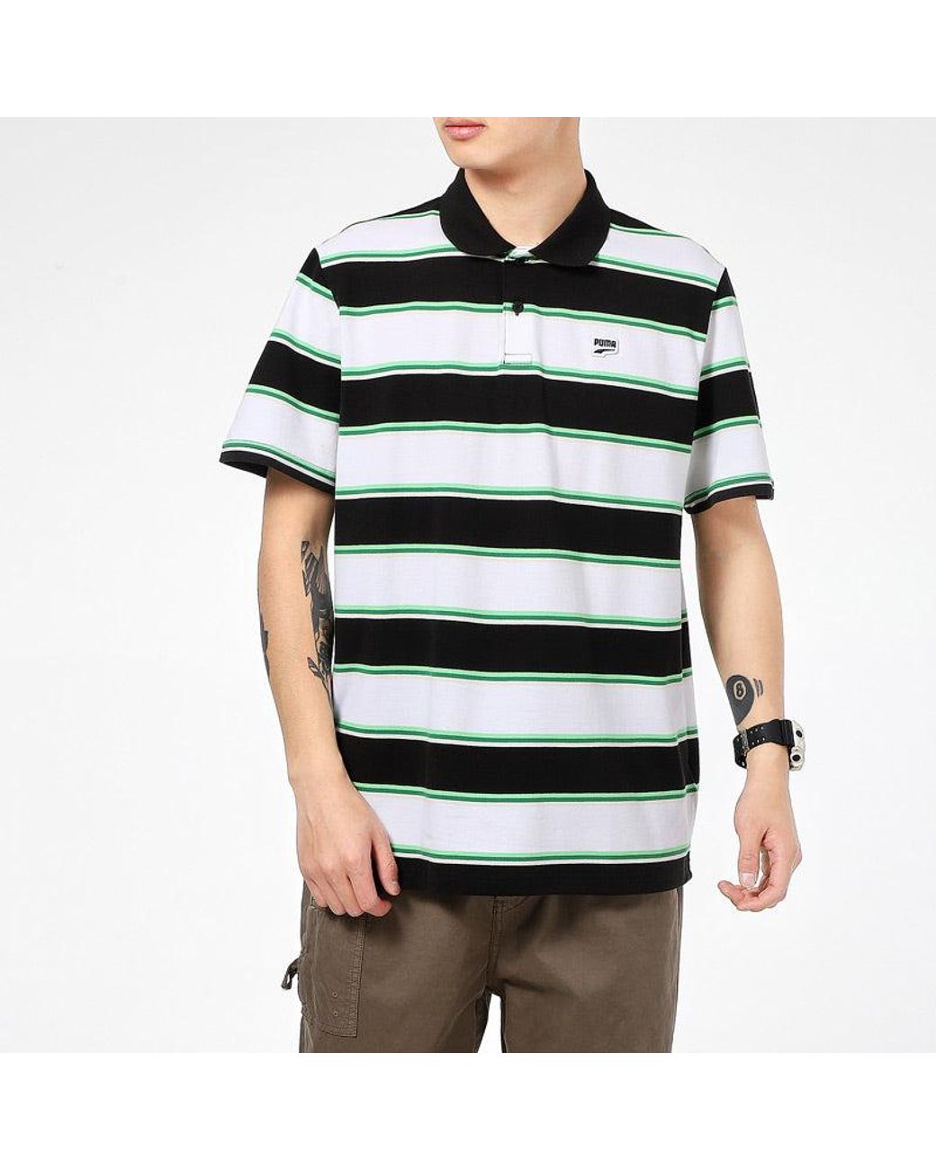 PUMA Green Downtown Stripe Polo Tee Shirt for men