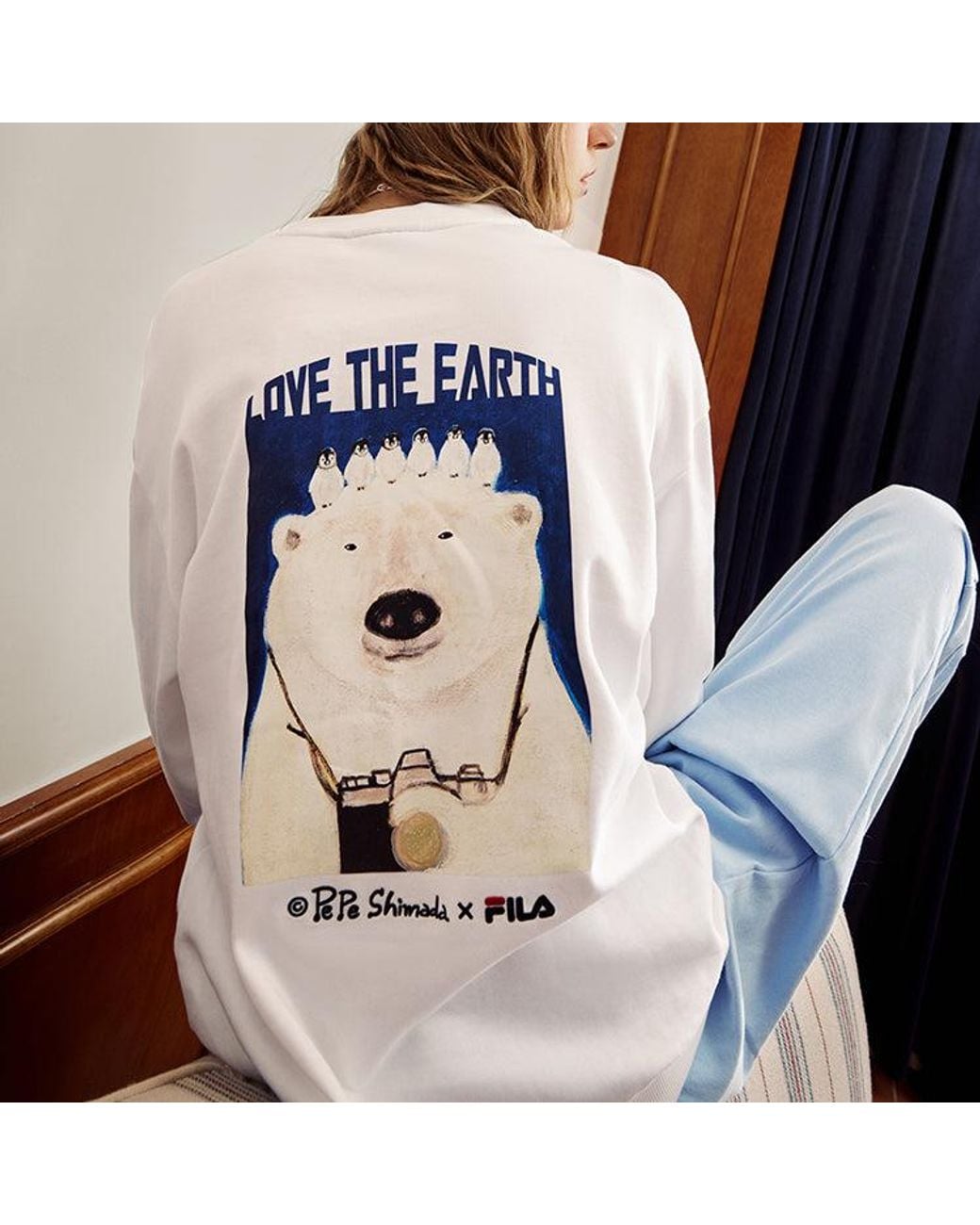 Fila Blue X Pepe Shimada Crossover Cartoon Printing Sports Round Neck Pullover for men