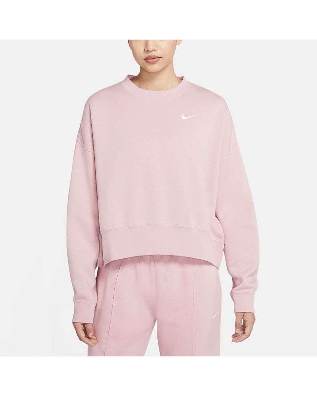 Nike Pink (Wmns) Sportswear Solid Color Fleece Round Neck Pullover Champagne Color Hoodie