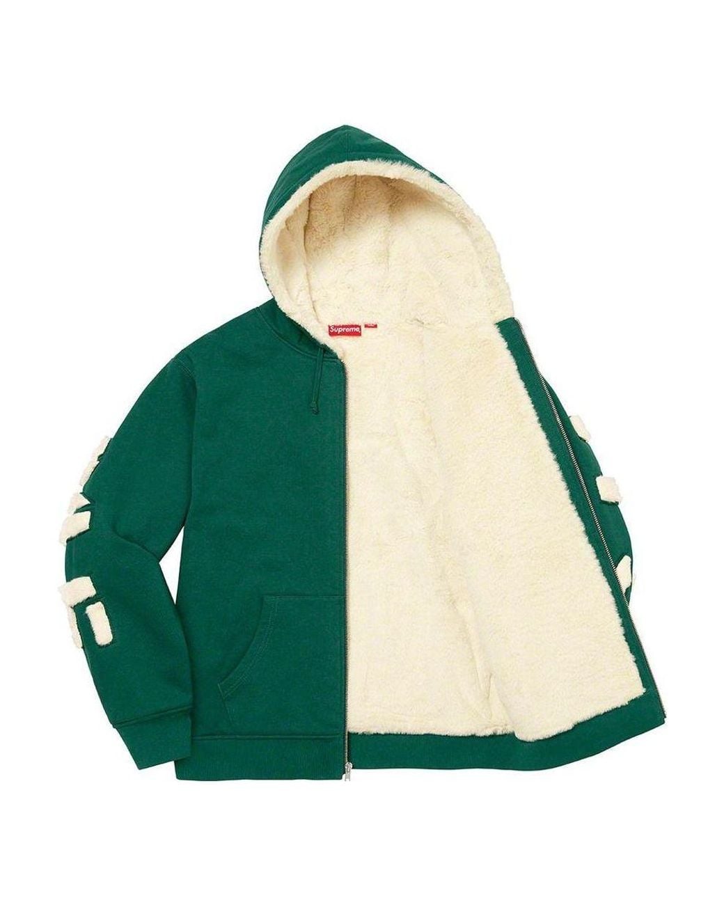 Supreme Green Faux Fur Lined Zip Up Hooded Sweatshirt for men