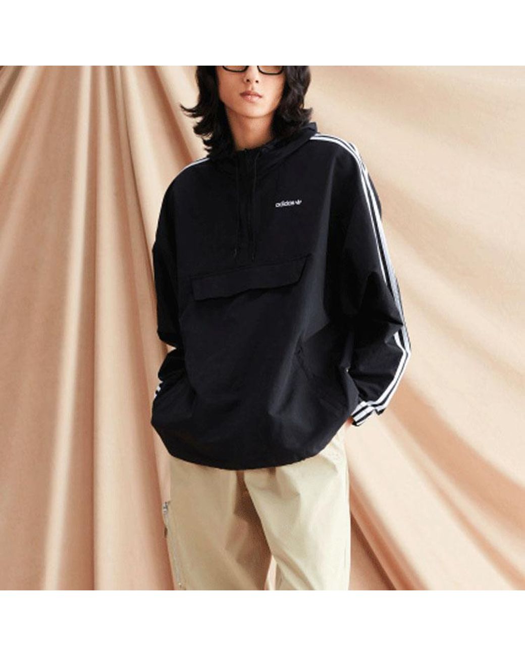 Adidas Black Originals Contrasting Colors Stripe Half Zipper Hooded Jacket for men