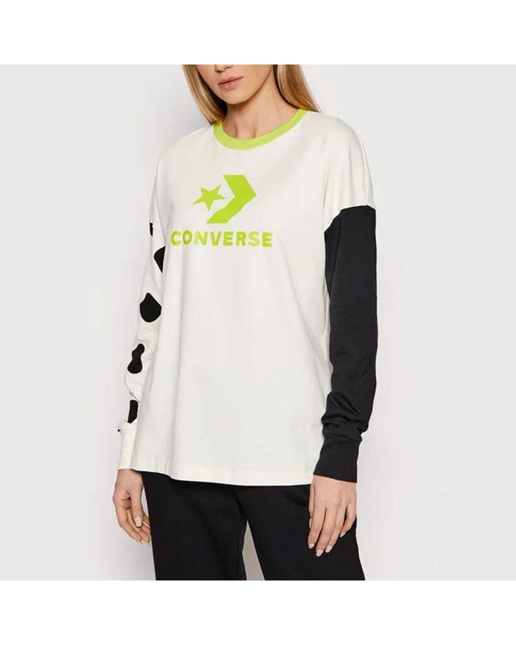 Converse White (Wmns) Large Logo Printing Splicing Contrasting Colors Loose Round Neck Long Sleeves T-Shirt