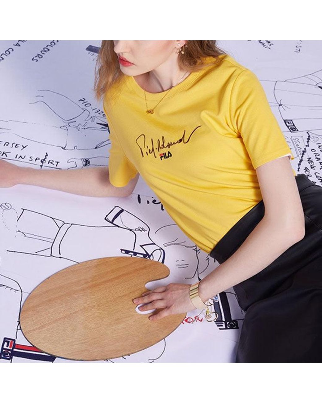 Fila Yellow (Wmns) Alphabet Logo Round Neck Casual Short Sleeve