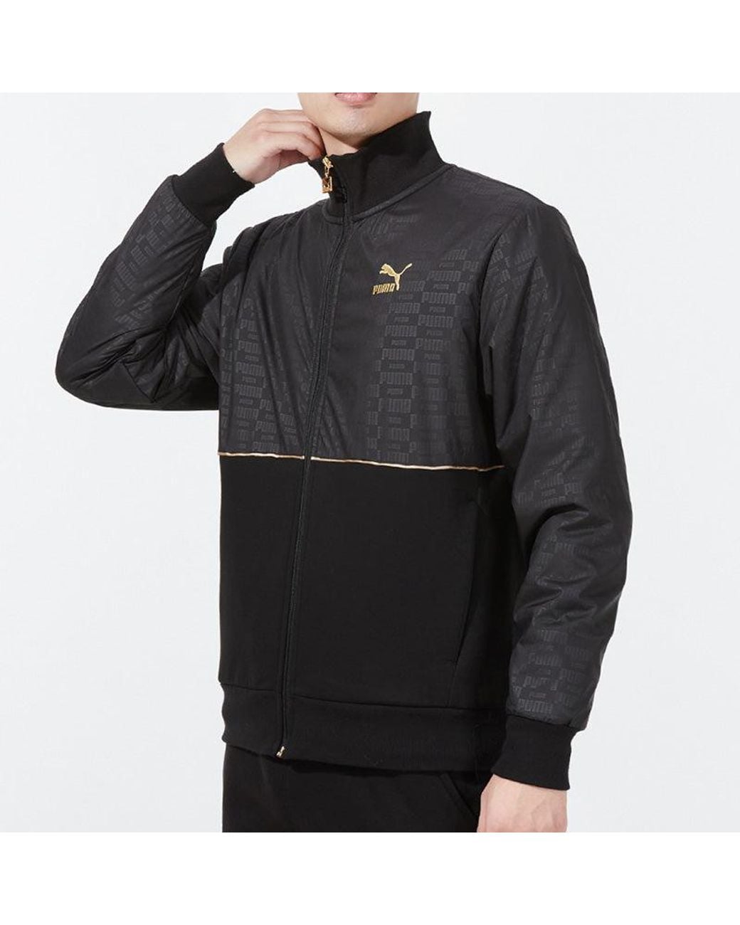 PUMA Black Luxe Jacket Logo Casual Sports Knit Stand Collar Asia Sizing for men