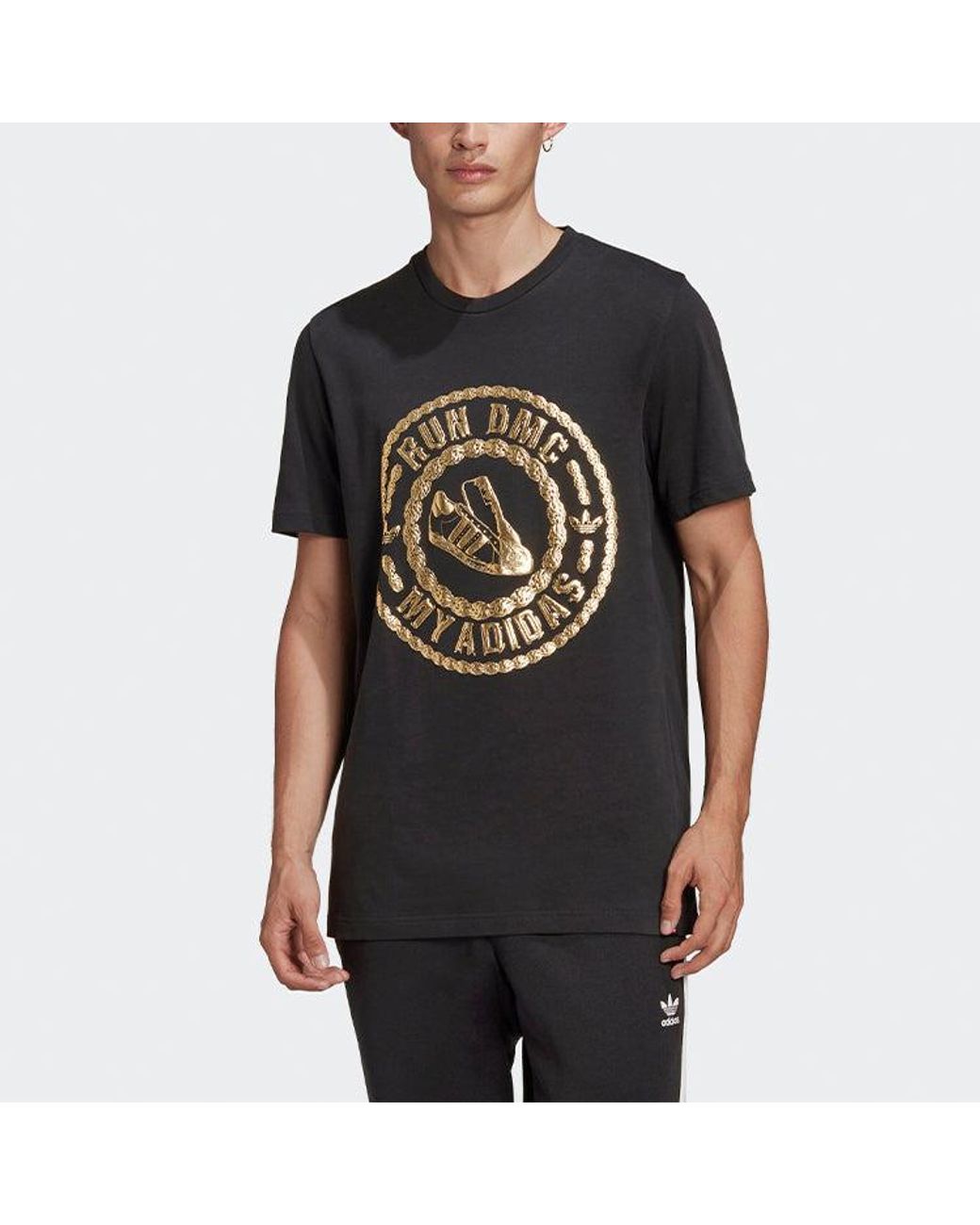 Adidas Black Originals Run-Dmc Printing Sports Cozy Round Neck Short Sleeve for men