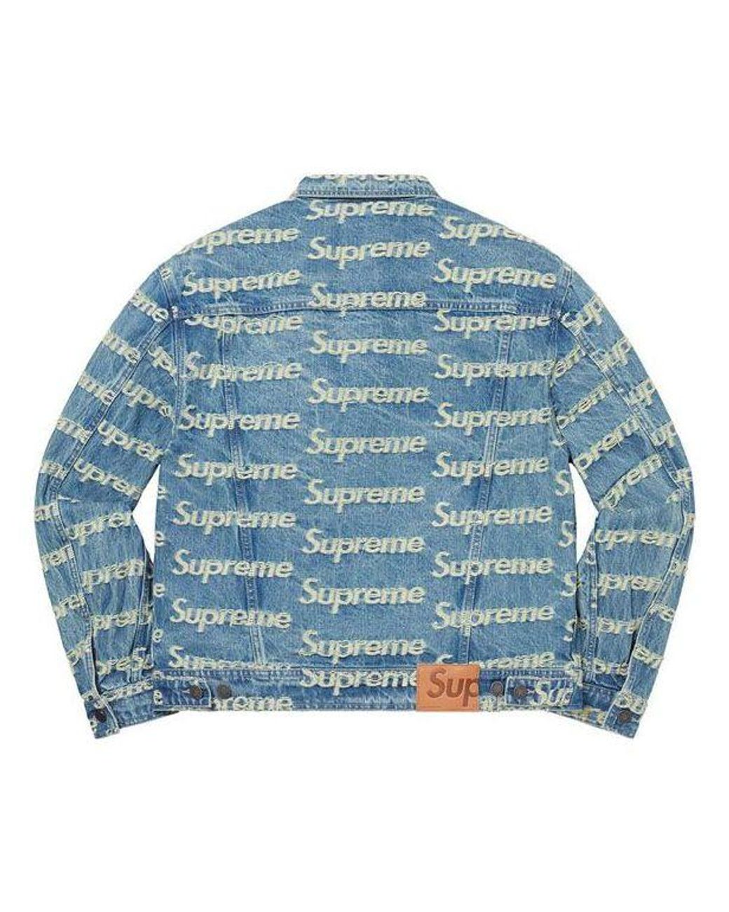 Supreme Blue Frayed Logos Denim Trucker Jacket for men