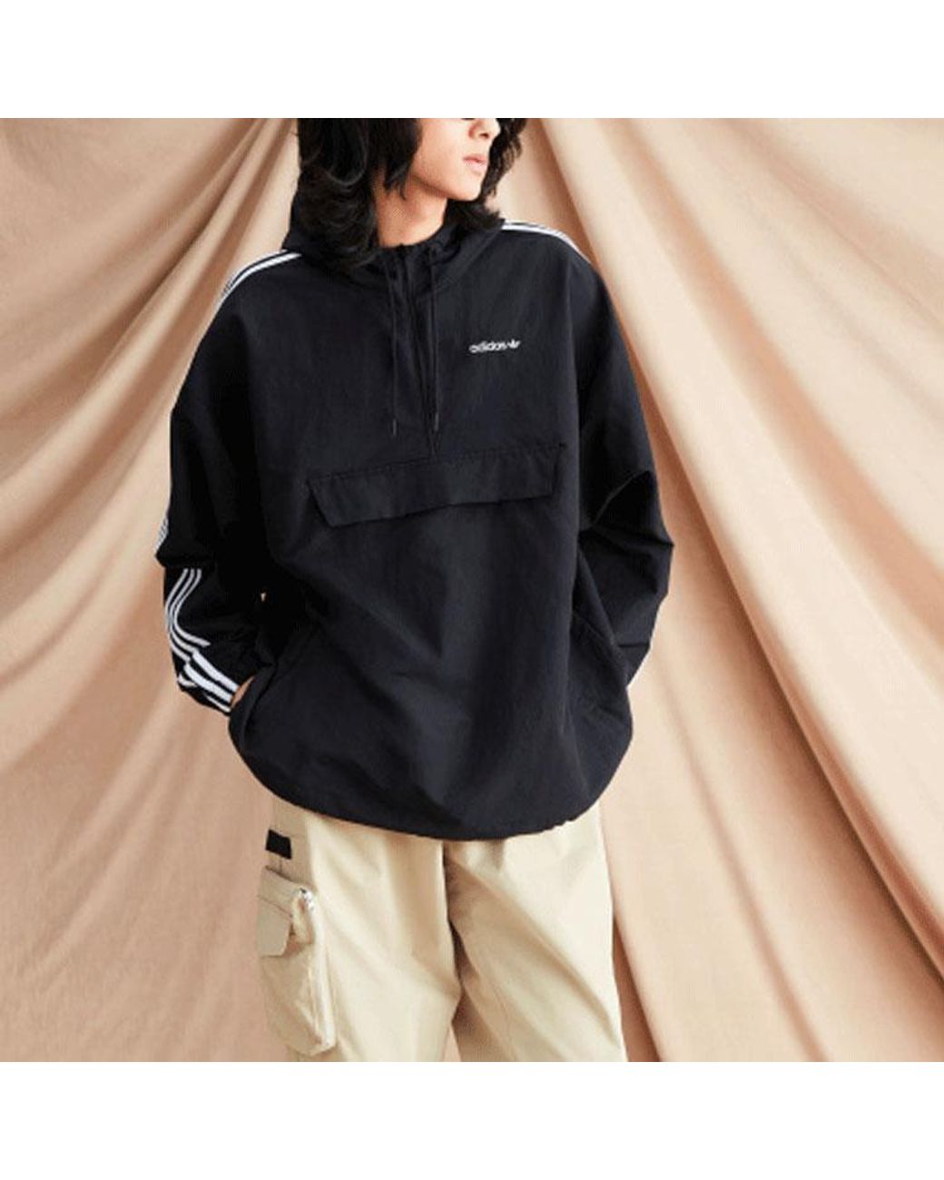 Adidas Black Originals Contrasting Colors Stripe Half Zipper Hooded Jacket for men
