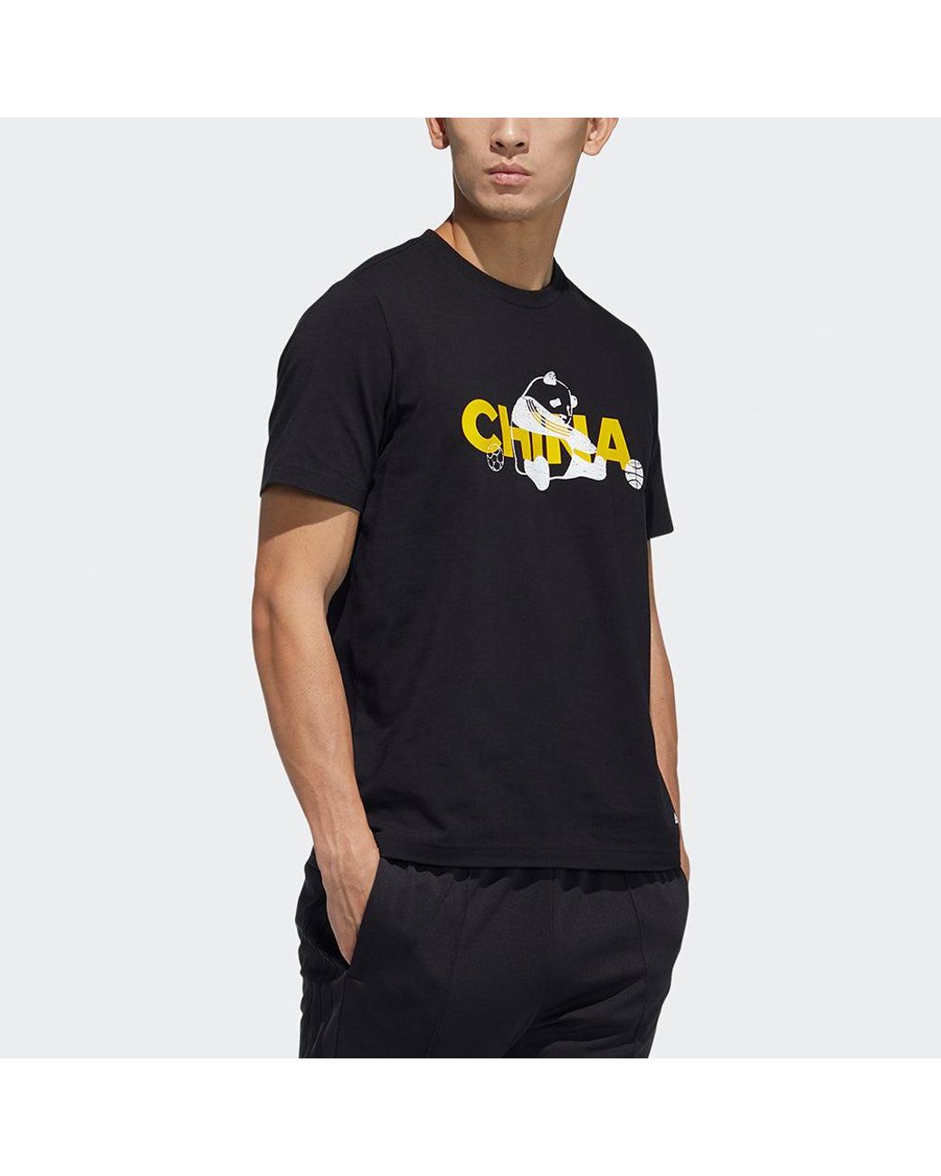 Adidas Black China Tee M 2 Printed Crew Neck Short-Sleeved