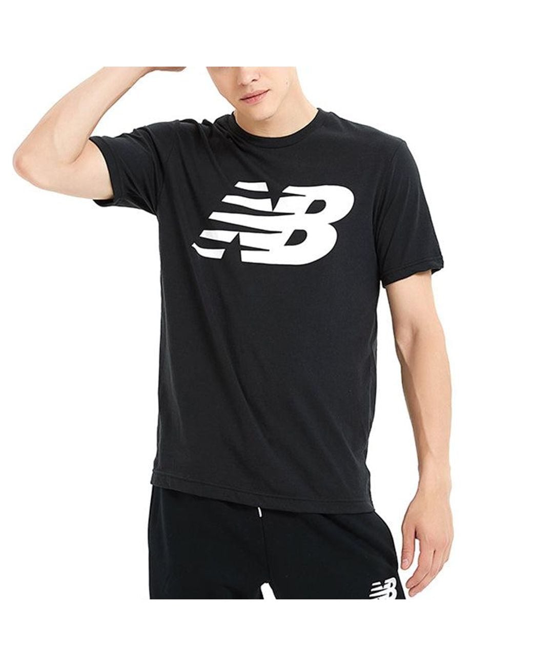 New Balance Black Knit Breathable Athleisure Casual Sports Logo Printing Short Sleeve for men