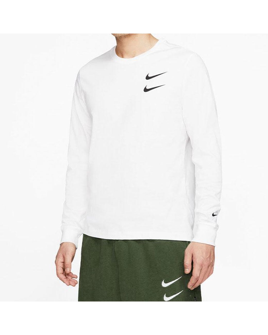 Nike White Swoosh Casual Sports Double-Hook Crew-Neck Long Sleeve for men