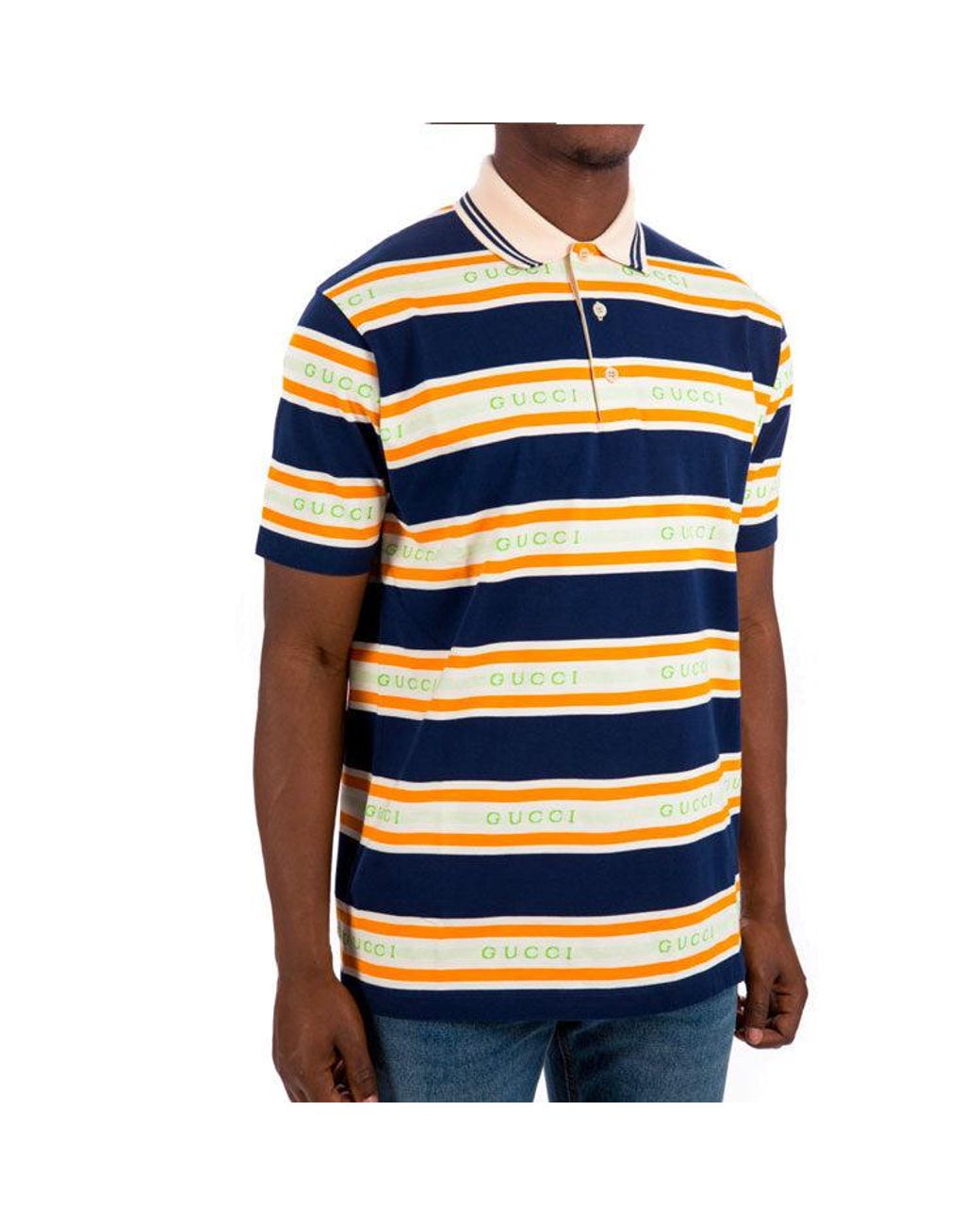 Gucci Blue Logo Collar Stripe Polo 'Ink Ivory' for men