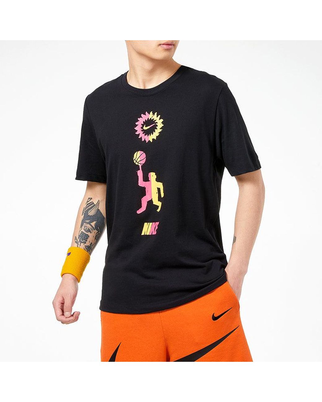 Nike Black Basketball Sports Contrasting Colors Printing Round Neck Short Sleeve for men