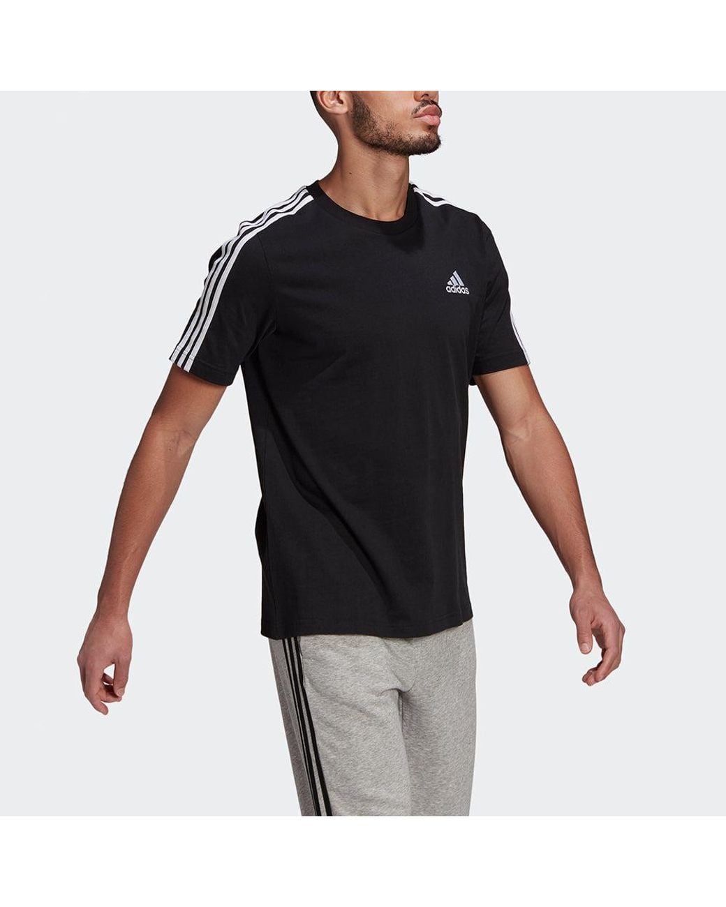 Adidas Black M 3S Sj T Sports Training Stripe Round Neck Short Sleeve for men