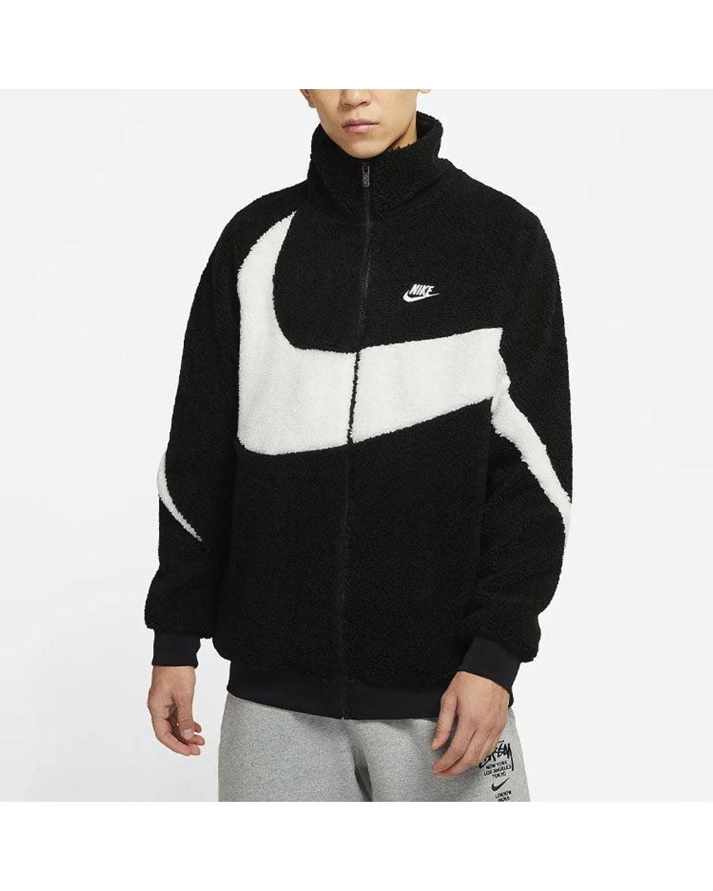 Nike Black Big Swoosh Large Logo Lamb's Wool Stay Warm Stand Collar Jacket for men