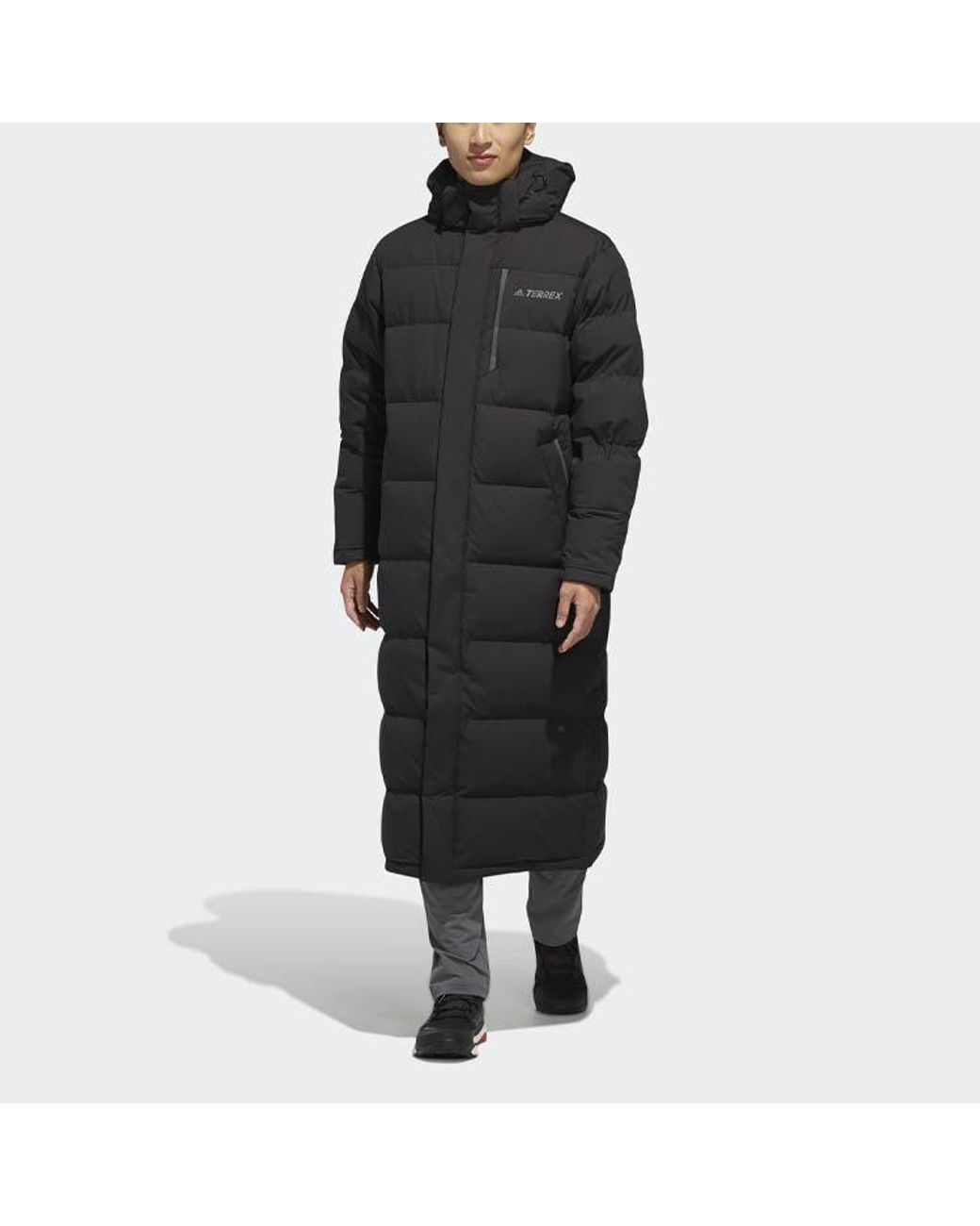 Adidas Black Xplr Dwn Bench Stay Warm Solid Color Mid-Length Hooded Down Jacket for men