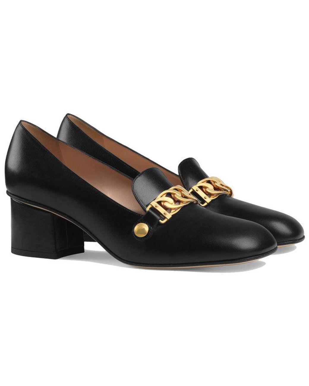 Gucci Black (Wmns) Sylvie Chain-Embellished Leather Mid-Heel Pumps