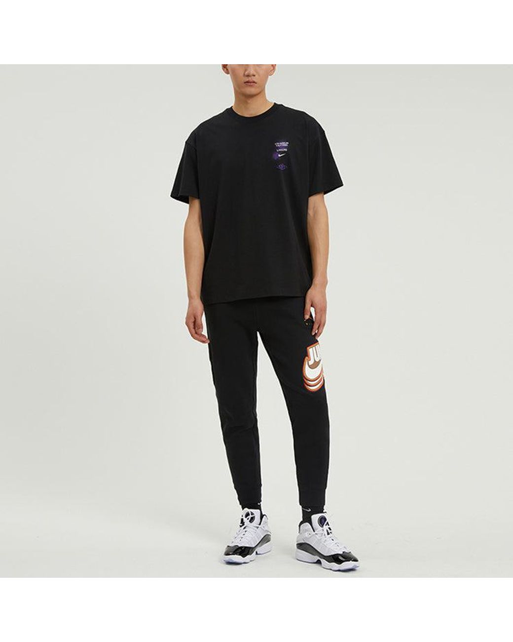Nike X Nba Crossover Los Angeles Lakers Courtside Pattern Printing Round Neck Short Sleeve Black for men