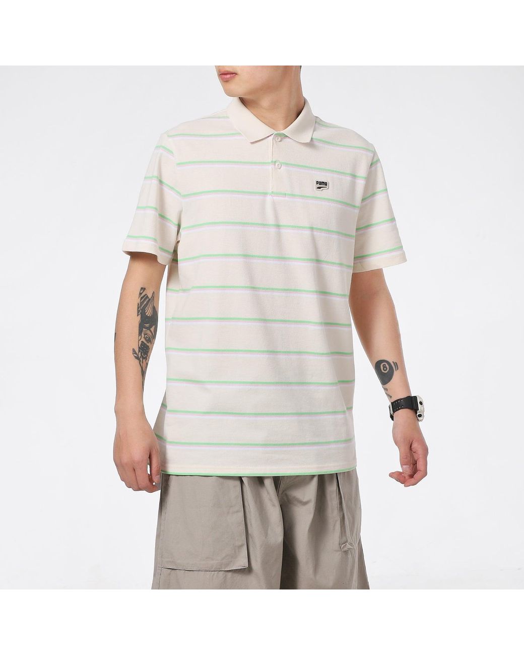 PUMA White Downtown Stripe Polo Tee Shirt for men