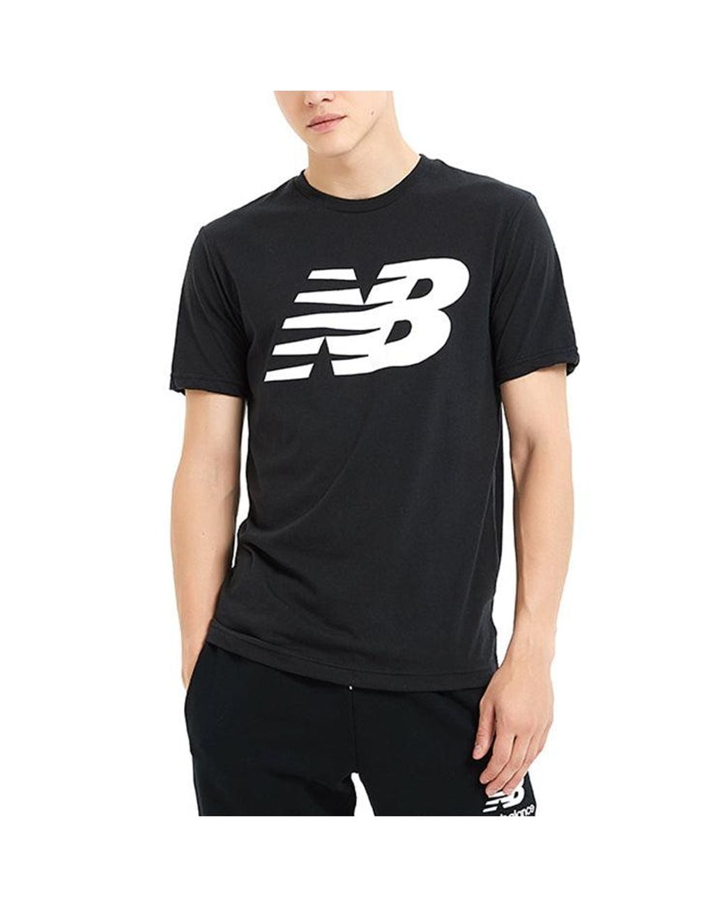 New Balance Black Knit Breathable Athleisure Casual Sports Logo Printing Short Sleeve for men